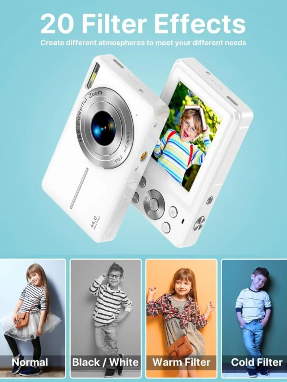 FHD 1080P Digital Camera for Teens & Kids, Compact Point & Shoot, 16X Zoom